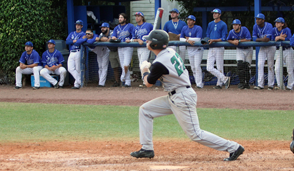 Copyright 2017; Wilmington University. All rights reserved. Photo of Mike Annone eyeing up his two-run home run in the 8th inning at Lynn.