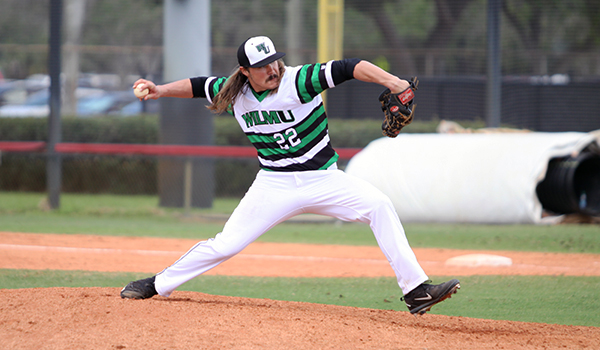 Copyright 2017; Wilmington University. All rights reserved. Photo of Chuck Delagol who had seven strikeouts in five innings against AIC.