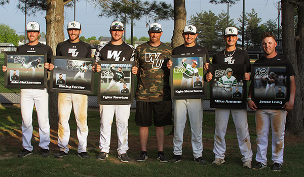 Copyright 2016; Wilmington University. All rights reserved. Photo of the senior following the doubleheader sweep of Bloomfield. Left to right: John Hetterman, Rocky Ferrier, Tyler Newton, Kyle Menchaca, Mike Annone, and Jesse Long.