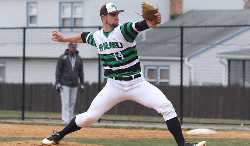 Copyright 2018; Wilmington University. All rights reserved. File photo of Brad Scull pitching against Post, taken by Frank Stallworth on March 17, 2018.