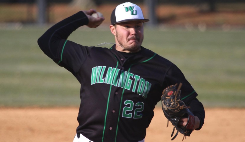 Copyright 2018; Wilmington University. All rights reserved. Photo of Chuck Delagol who tossed a complete game shutout with 11 strikeouts in game two against Goldey-Beacom. Taken by Frank Stallworth. March 25, 2018.