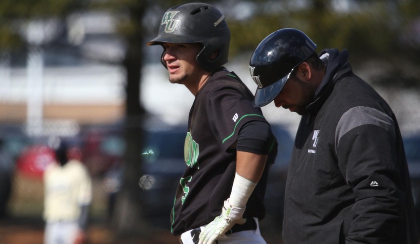 Copyright 2018; Wilmington University. All rights reserved. File photo of Max Carney who went 4-for-6 against Chestnut Hill. Photo by Frank Stallworth, March 25, 2018 vs. Goldey-Beacom Game 2.