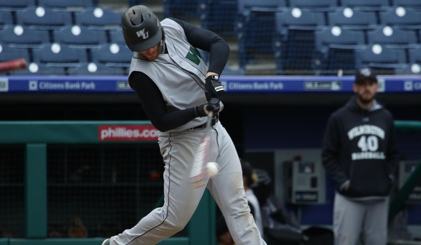 Copyright 2018; Wilmington University. All rights reserved. File photo of Kyle Fries who batted 2-for-4 and 2-for-3 with three doubles on Thursday. Photo by Frank Stallworth. April 18, 2018 vs. #19 West Chester at Citizens Bank Park for the 2018 Bill Giles Invitational Championship.