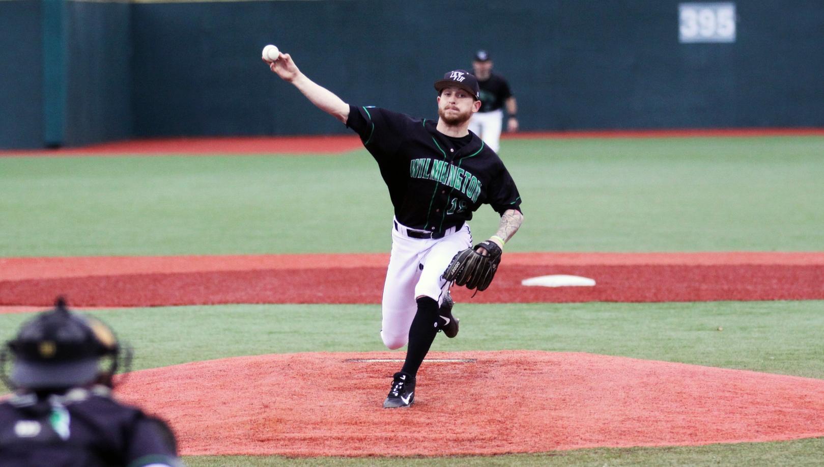 Copyright 2019; Wilmington University. All rights reserved. File photo of WilmU starter Noah Latshaw. Photo by Dan Lauletta. February 22, 2019 vs. New Haven at Myrtle Beach, S.C.