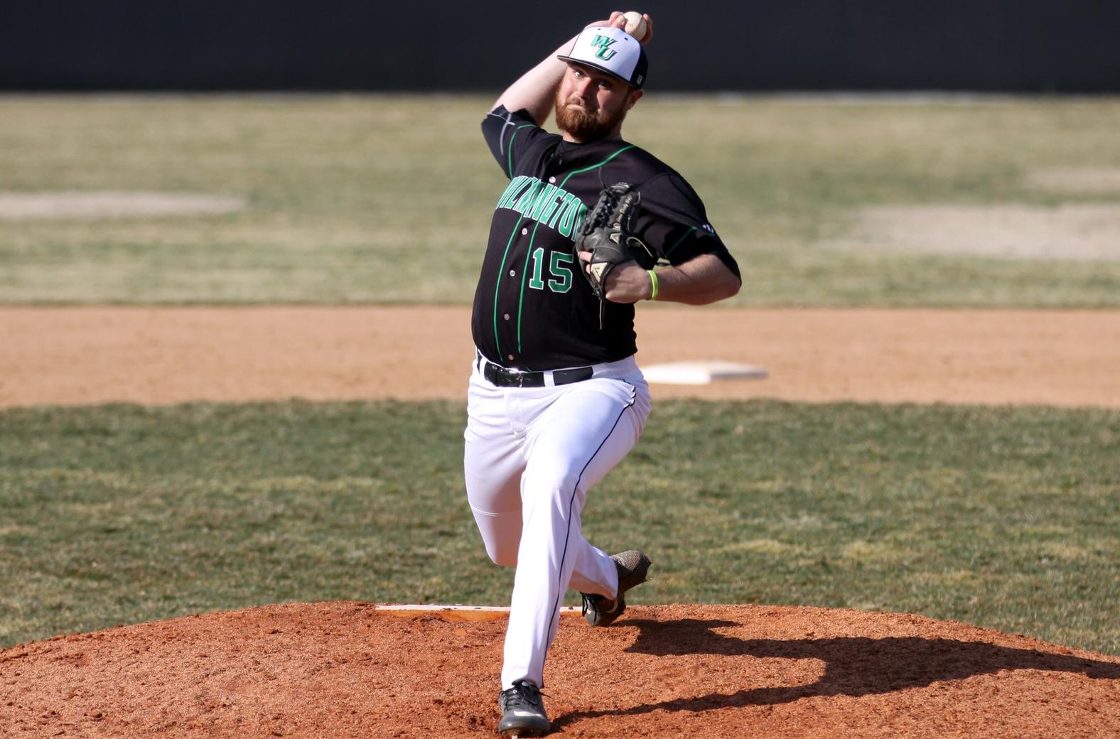 Copyright 2019; Wilmington University. All rights reserved. File photo of Sean Deely who struck out 11 in game one against USciences on Friday. Photo by Dan Lauletta. March 16, 2019 vs. Bridgeport.
