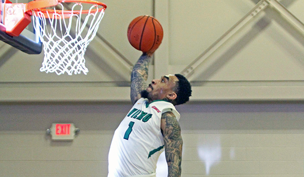 Copyright 2017; Wilmington University. All rights reserved. Photo of Tyaire Ponzo-Meek with a dunk against Nyack, taken by Frank Stallworth.