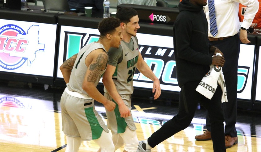 Copyright 2017; Wilmington University. All rights reserved. Photo of Danny Walsh and Jermaine Head after the win against Shippensburg, taken by Frank Stallworth. November 22, 2017.