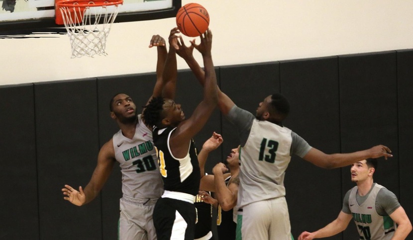 Copyright 2018; Wilmington University. All rights reserved. File photo of Vincent Kent and Miles Gillette battling tough on the defensive end against Felician, taken by Frank Stallworth. January 27, 2018 vs. Felician.