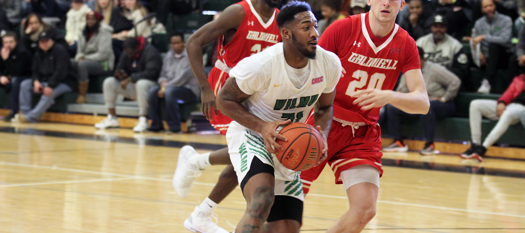 Copyright 2019; Wilmington University. All rights reserved. Photo of Thomas Farrior who finished with a double-double against Caldwell. Photo by Kate Tubo. February 2, 2019 vs. Caldwell.