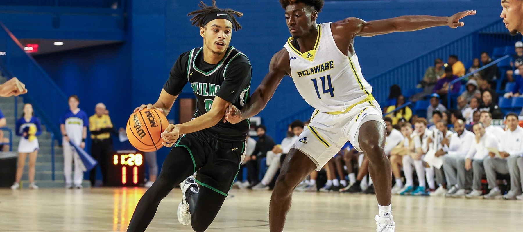 File photo of Jordan Jackson who led the WIldcats with 18 points, hitting six three-pointers against Bentley. Copyright 2022; Wilmington University. All rights reserved. Photo by Andre Smith. November 7, 2022 at University of Delaware.