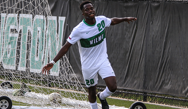 Copyright 2017; Wilmington University. All rights reserved. Photo of Abdul Mansaray after one of his two goals against Dominican on Saturday.