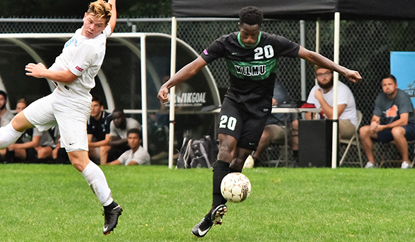 Copyright 2017; Wilmington University. All rights reserved. Photo of Abdul Mansaray who scored the game winner at Holy Family, taken by James Jones.