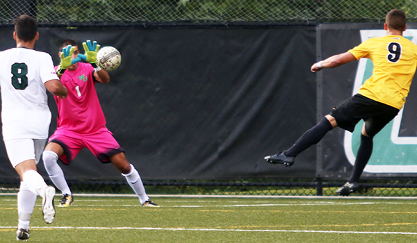 Copyright 2017; Wilmington University. All rights reserved. Photo of Vinny Tasca (1), making a save on Millersville. Photo by Frank Stallworth.