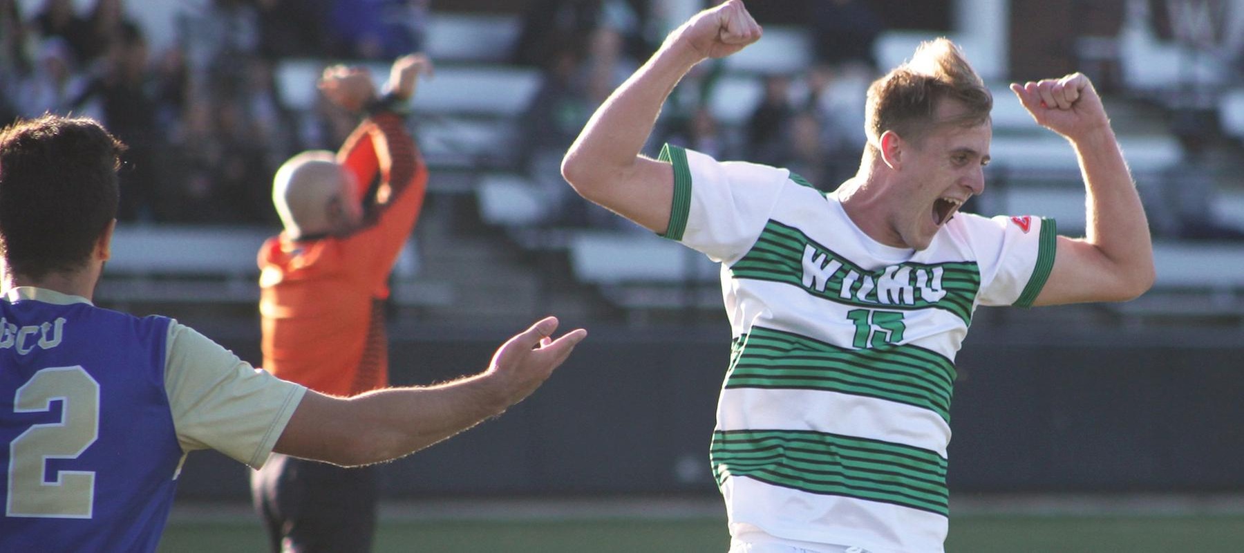 Copyright 2018; Wilmington University. All rights reserved. Photo of Will Stone after his goal for the 2-0 lead, taken by Andrew Dalton. October 17, 2018 vs. Georgian Court.