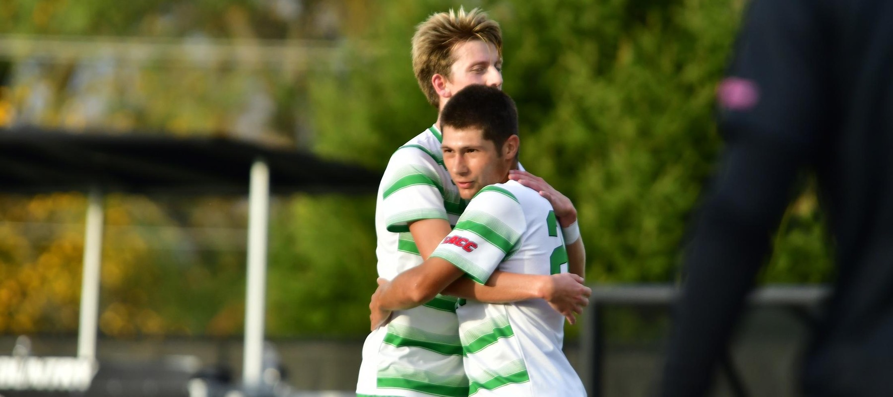 Photo of Tyler Guadagno (24) celebrating his goal with Marius Skattum Dahl (7), who earned the assist. Copyright 2022; Wilmington University. All rights reserved. Photo by James Jones. October 26, 2022 vs. Goldey-Beacom.