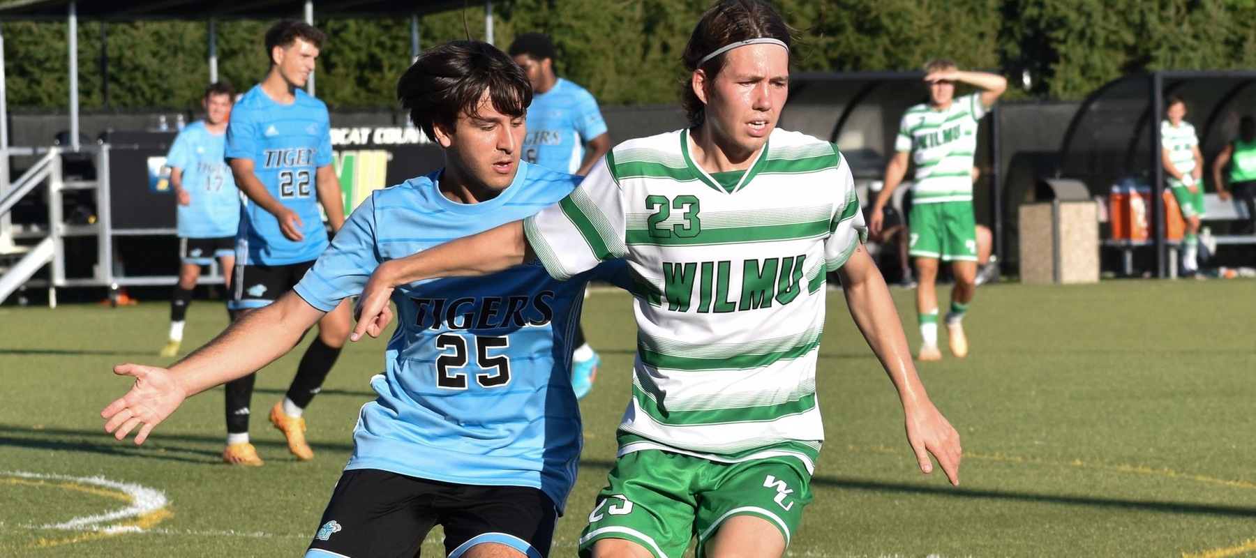 File photo of Caesar Knapp who scored the game-winner at #24 Mercy. Caesar Knapp (#23) takes control of the balld uring their NCAA Men’s soccer match at the Wilmington University Sports Complex in Newark, Delaware, October 4, 2023. Photo By Katelyn Hurley