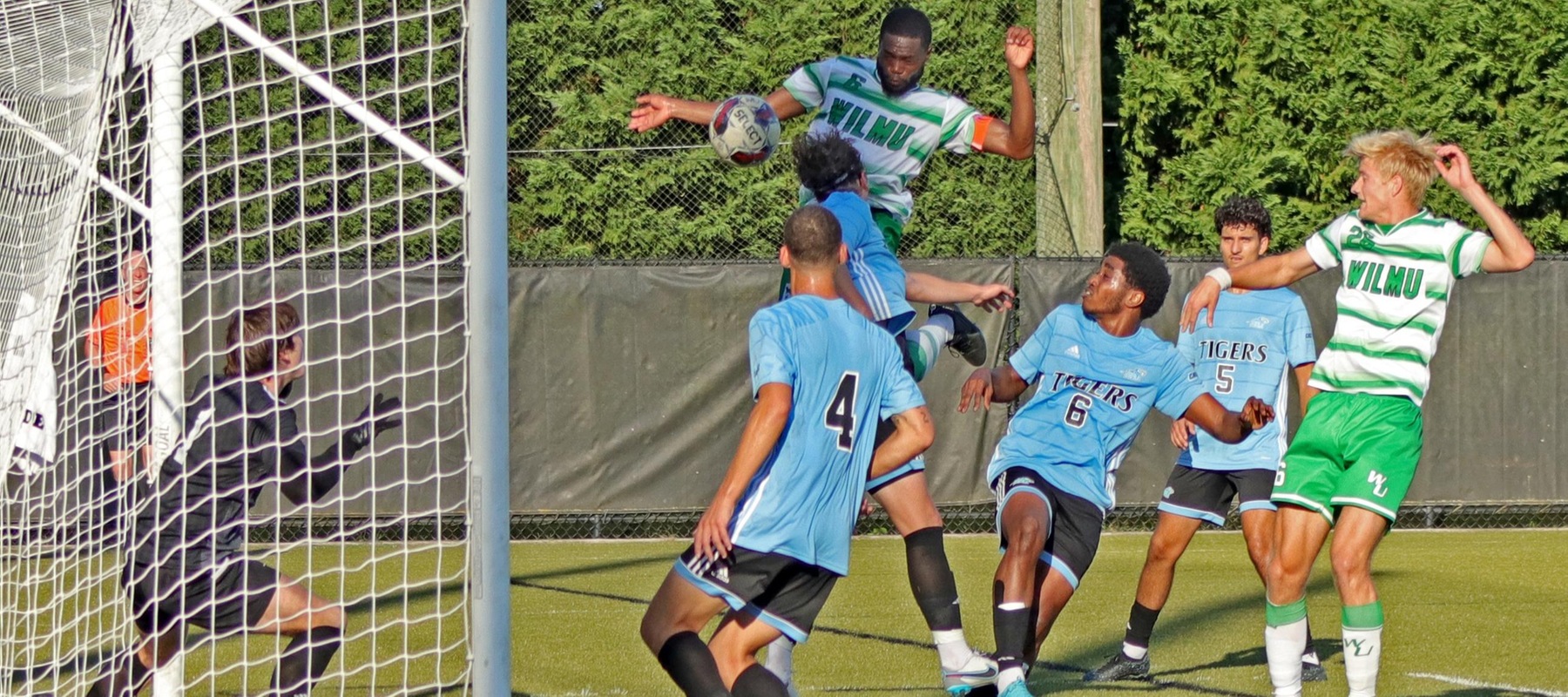 Wilmington University’s Tyrese Small (#6) heads in the game-tying goal against Holy Family University during their NCAA Men’s soccer match at the Wilmington University Sports complex in Newark, Delaware, October 4, 2023 . Photo By Raina Atif