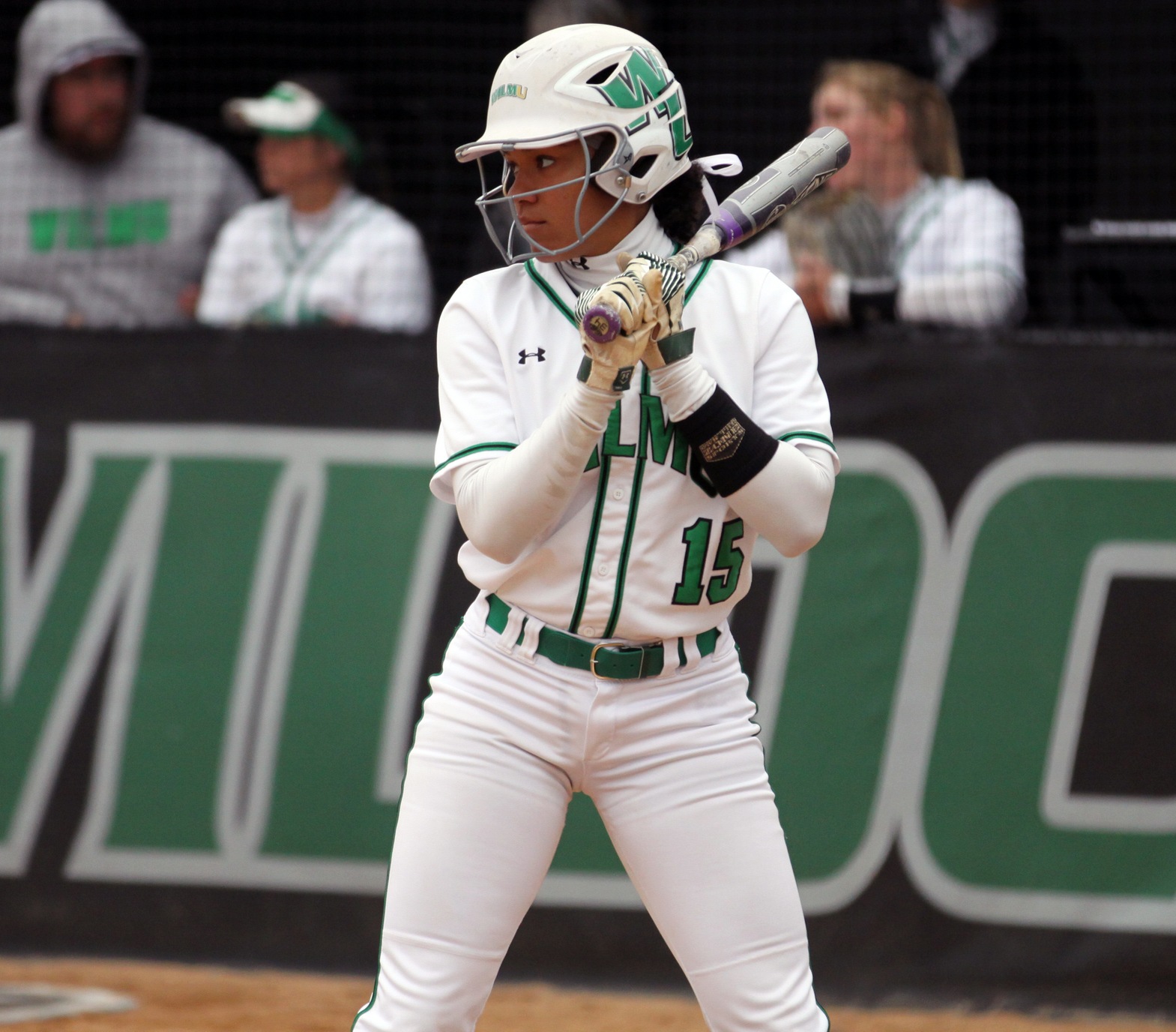 Copyright 2019; Wilmington University. All rights reserved. File photo of Kiana Broderson-Jones who went 1-for-4 with a two-run triple in game one, and 4-for-4 with a triple in game two at USciences. Photo by Katlynne Tubo.