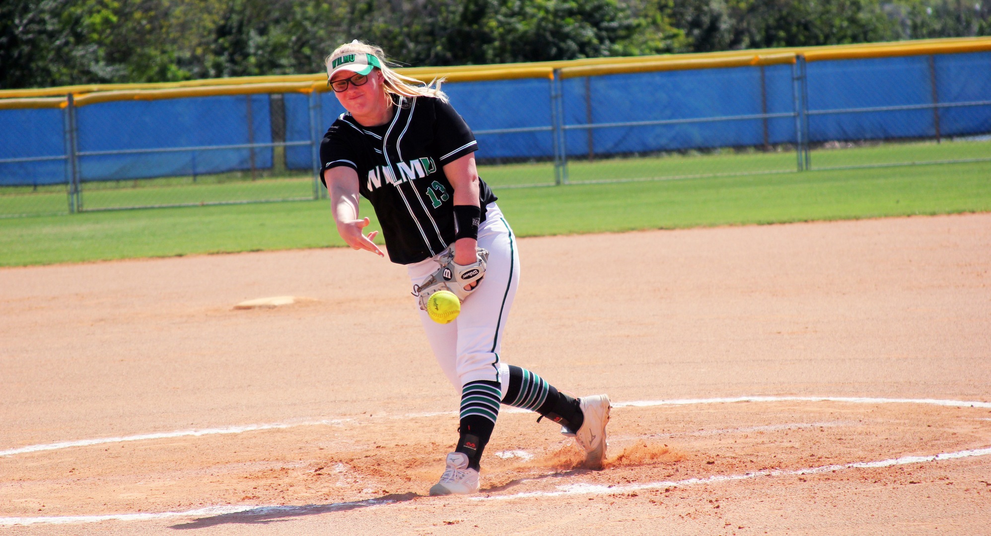 Copyright 2019; Wilmington University. All rights reserved. Photo of Makayla McCarthy who who a complete game shutout against Wheeling Jesuit. Photo by Erin Harvey. March 7, 2019 vs. Wheeling Jesuit at Kissimmee, Florida.