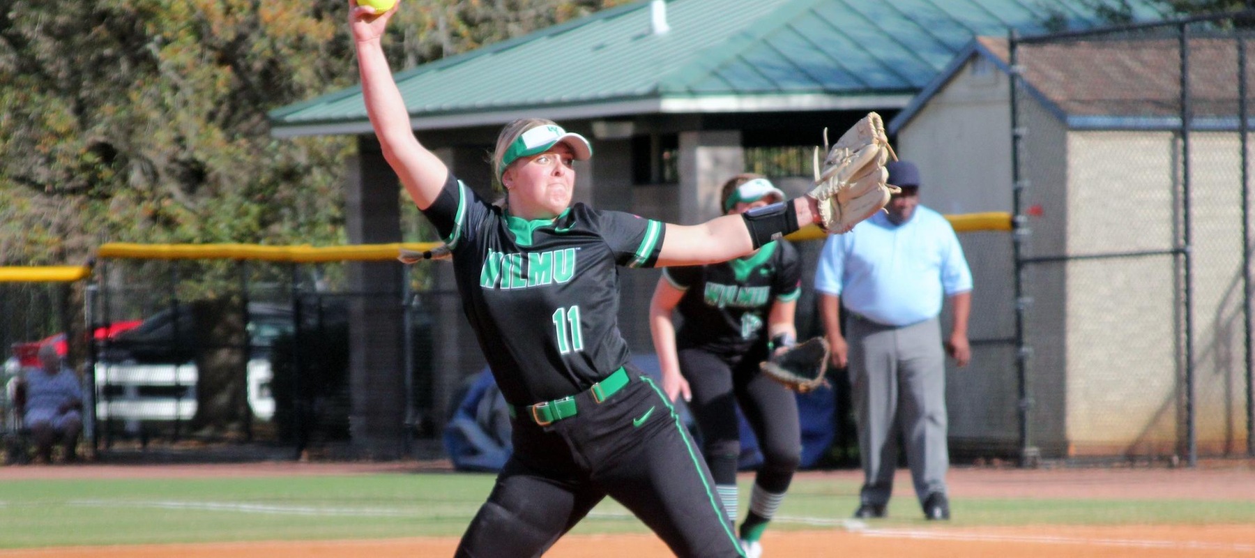 Photo of Kylee Gunkel who struck out three batters in a complete game shutout in her collegiate debut at Rollins. Copyright 2022; Wilmington University. All rights reserved. Photo by Erin Harvey. February 27 at Rollins.