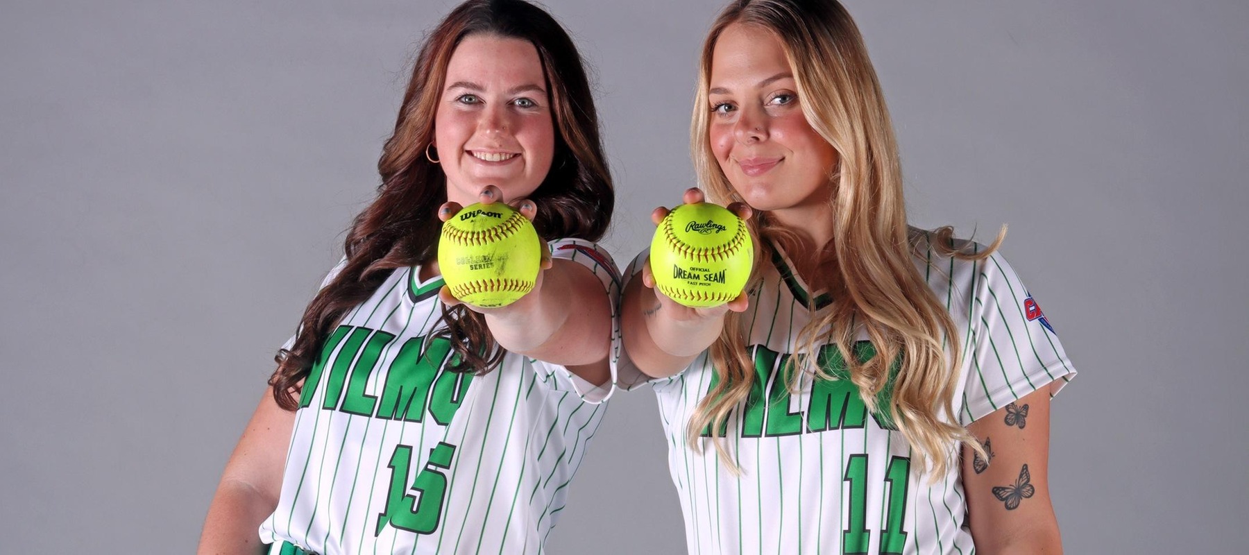 Photo of Delanie Sheehan (l15) and Kylee Gunkel (11) who each pitched complete games in a sweep at Georgian Court. Copyright 2023; Wilmington University. All rights reserved. Photo by Dan Lauletta.