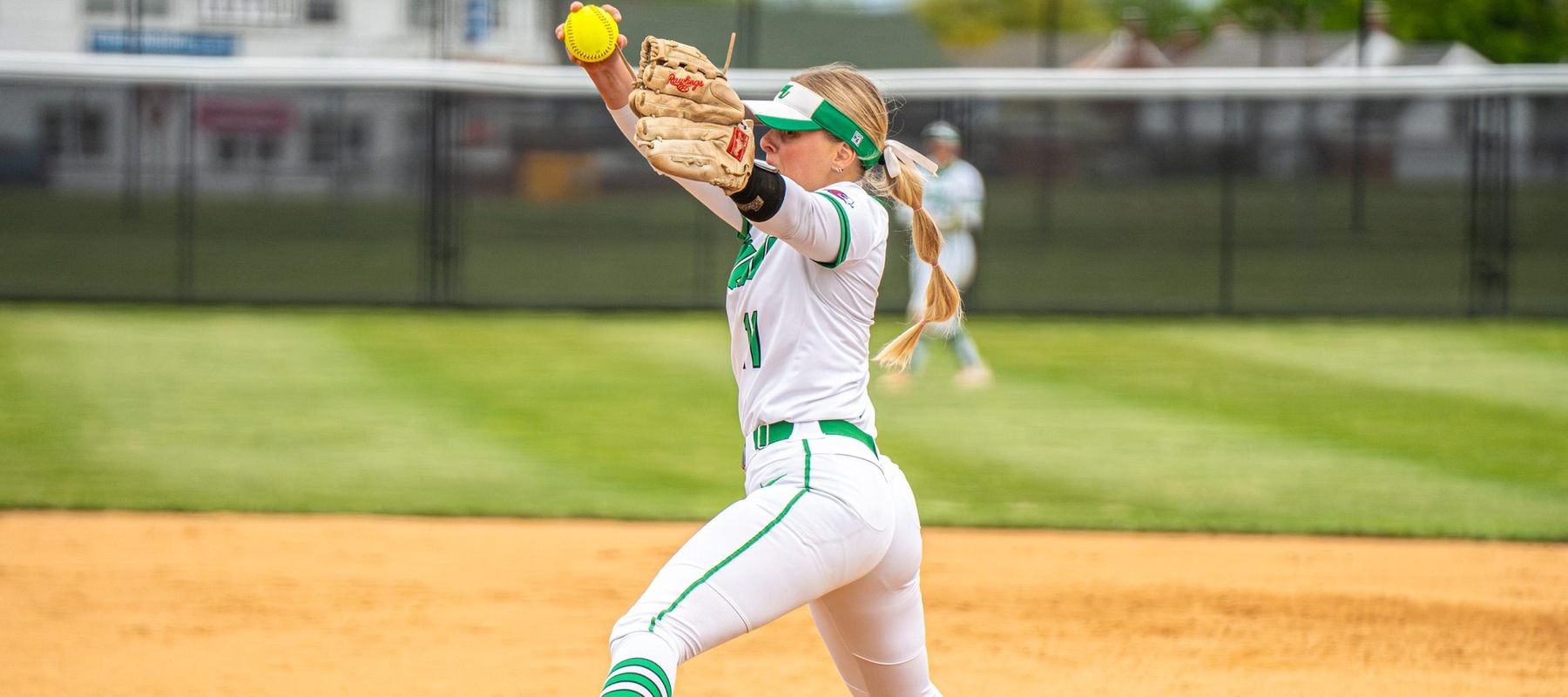 Photo of Kylee Gunkel who improved to 19-4 on the year with 10 strikeouts against Holy Family. Copyright 2024; Wilmington University. All rights reserved. Photo by Giovanni Badalamenti. April 27, 2024 vs. Holy Family in CACC Tournament 1st Round.