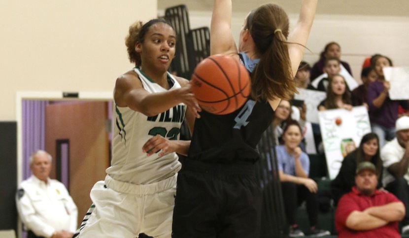 Copyright 2017; Wilmington University. All rights reserved. Photo of Jadyn Whitsitt who led the team with 20 points against Holy Family, taken by Frank Stallworth.