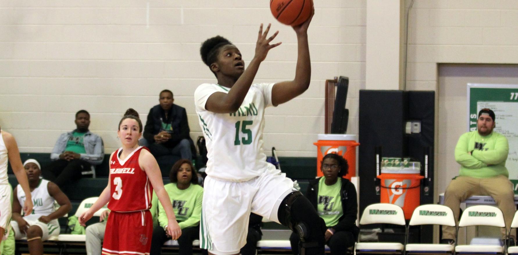 Copyright 2019; Wilmington University. All rights reserved. File photo of Emily Ansah who posted her first career double-double against Dominican. Photo by MaryKate Rumbaugh. February 2, 2019 vs. Caldwell