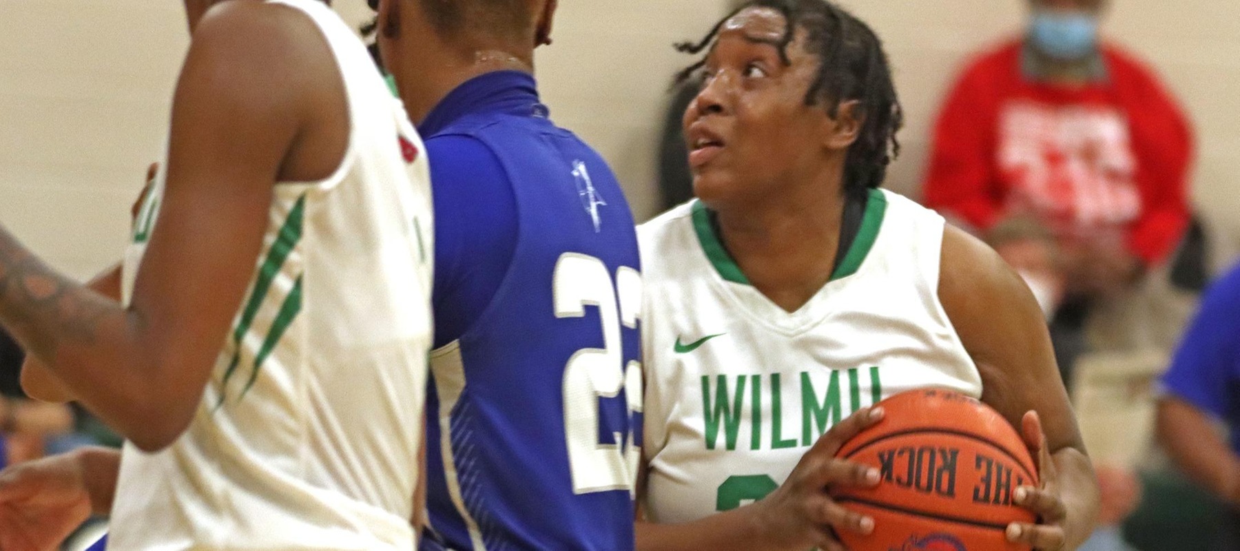 Photo of Sabreen Muslim who led the Wildcats with 18 points and five rebounds. Copyright 2021; Wilmington University. All rights reserved. Photo by Trudy Spence. December 11, 2021 vs. Elizabeth City State.
