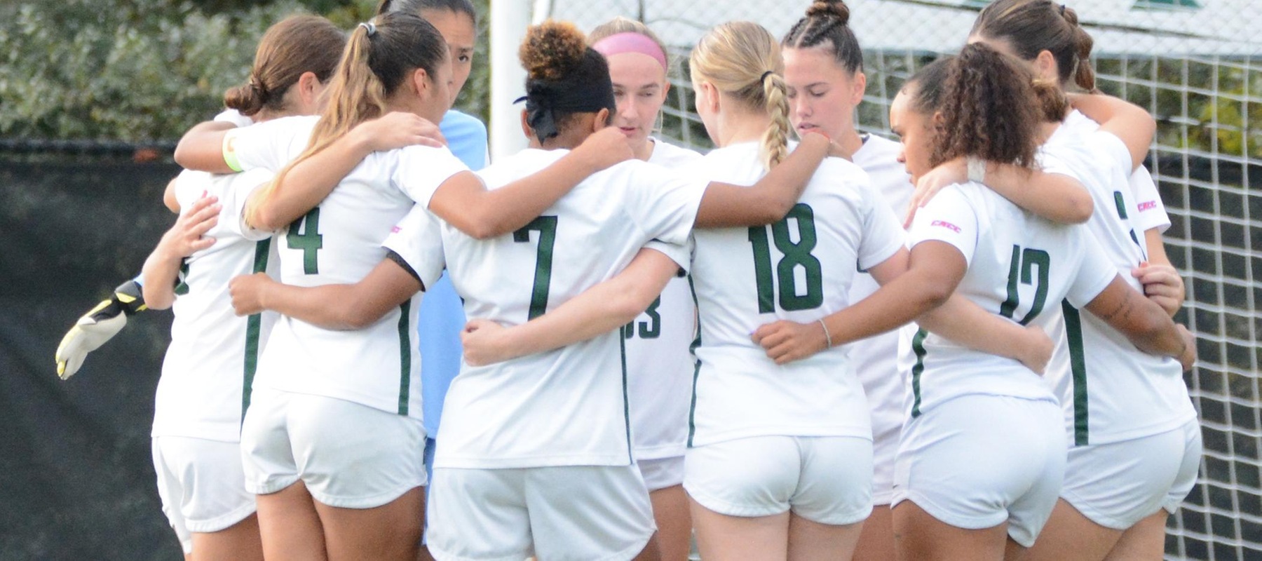 Wilmington University’s Wildcats talk strategy before the second half during their NCAA Women’s soccer match against Chestnut Hill University at the Wilmington University Sports complex in Newark, Delaware October 17, 2023. Photo by Debra Breister.