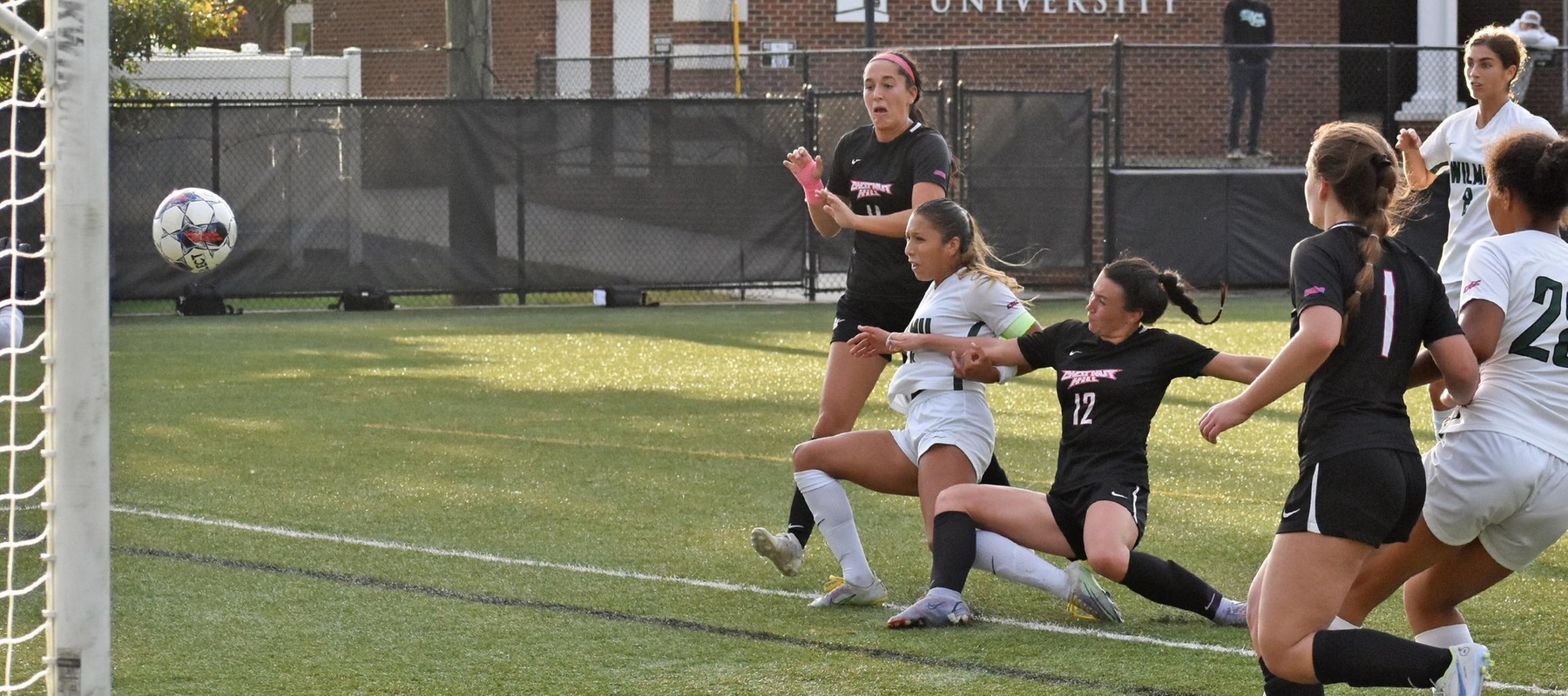 Wilmington University’s Manuela Restrepo (#4) scores a goal during the NCAA Women’s soccer match against Chestnut Hill at the Wilmington University Sports Complex in Newark, Delaware, October 17, 2023. Photo By Katelyn Hurley.