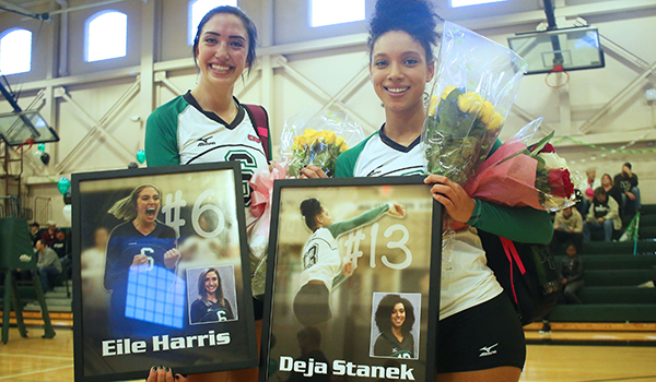 Copyright 2017; Wilmington University. All rights reserved. Photo of Eile Harris and Deja Stanek on Senior Day, taken by Frank Stallworth.