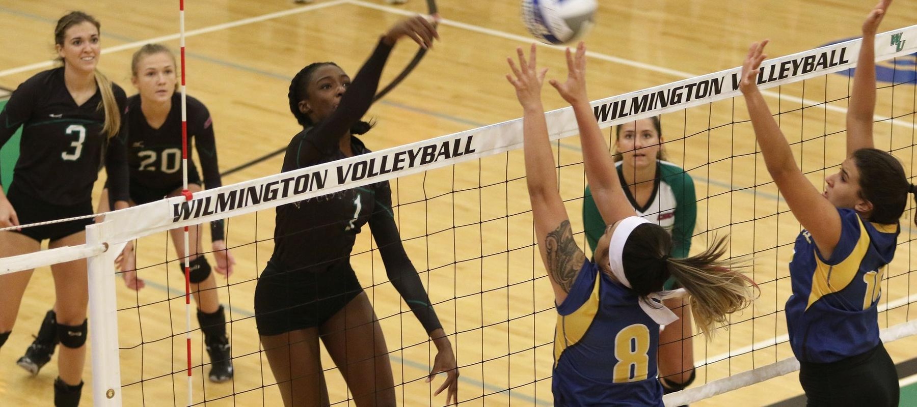 Copyright 2018; Wilmington University. All rights reserved. File photo of Angel Oliver who had eight kills on 11 swings with one error at Post in the CACC Tournament First Round. Photo by Frank Stallworth. October 27, 2018 vs. Concordia (Senior Day).