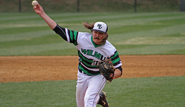 Copyright 2017; Wilmington University. All rights reserved. Photo of Chuck Delagol who threw six shutout innings of one-hit baseball in game two, taken by Frank Stallworth.