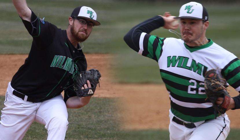 Copyright 2018; Wilmington University. All rights reserved. Photos of Sean Deely (left) who struck out 14 in eight innings in game one and Chuck Delagol (right) who tossed a complete-game shutout in game two against USciences. Photos taken by Frank Stallworth.