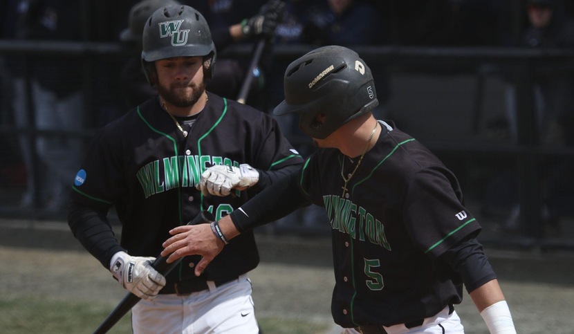 Copyright 2018; Wilmington University. All rights reserved. File photo of Brooks Ryan (left) who batted 4-for-8 with a home run, three RBI, and three runs scored int he doubleheader at CHC. Photo by Frank Stallworth. March 25, 2018 vs. Goldey-Beacom (Game 1)