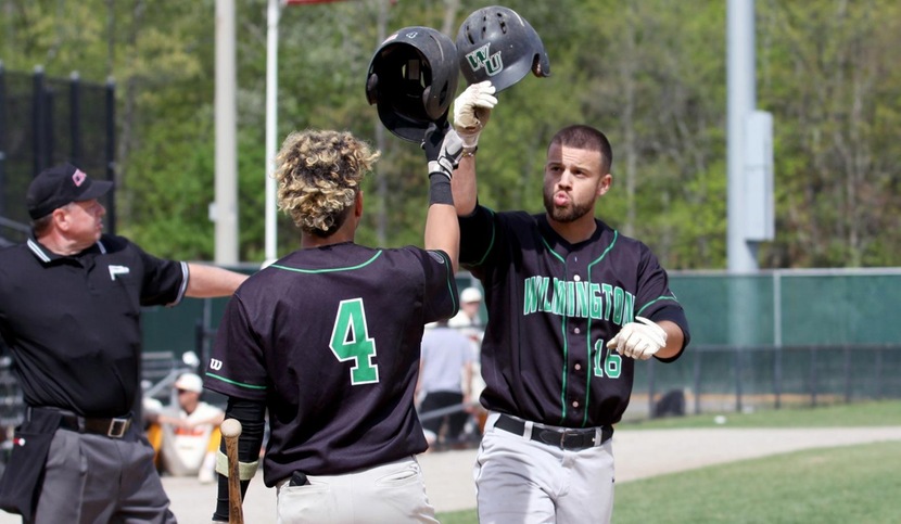 Copyright 2018; Wilmington University. All rights reserved. Photo of Brooks Ryan following his leadoff home run against Post on Friday. Photo by Dan Lauletta. May 11, 2018 vs. Post in 2018 CACC Tournament.