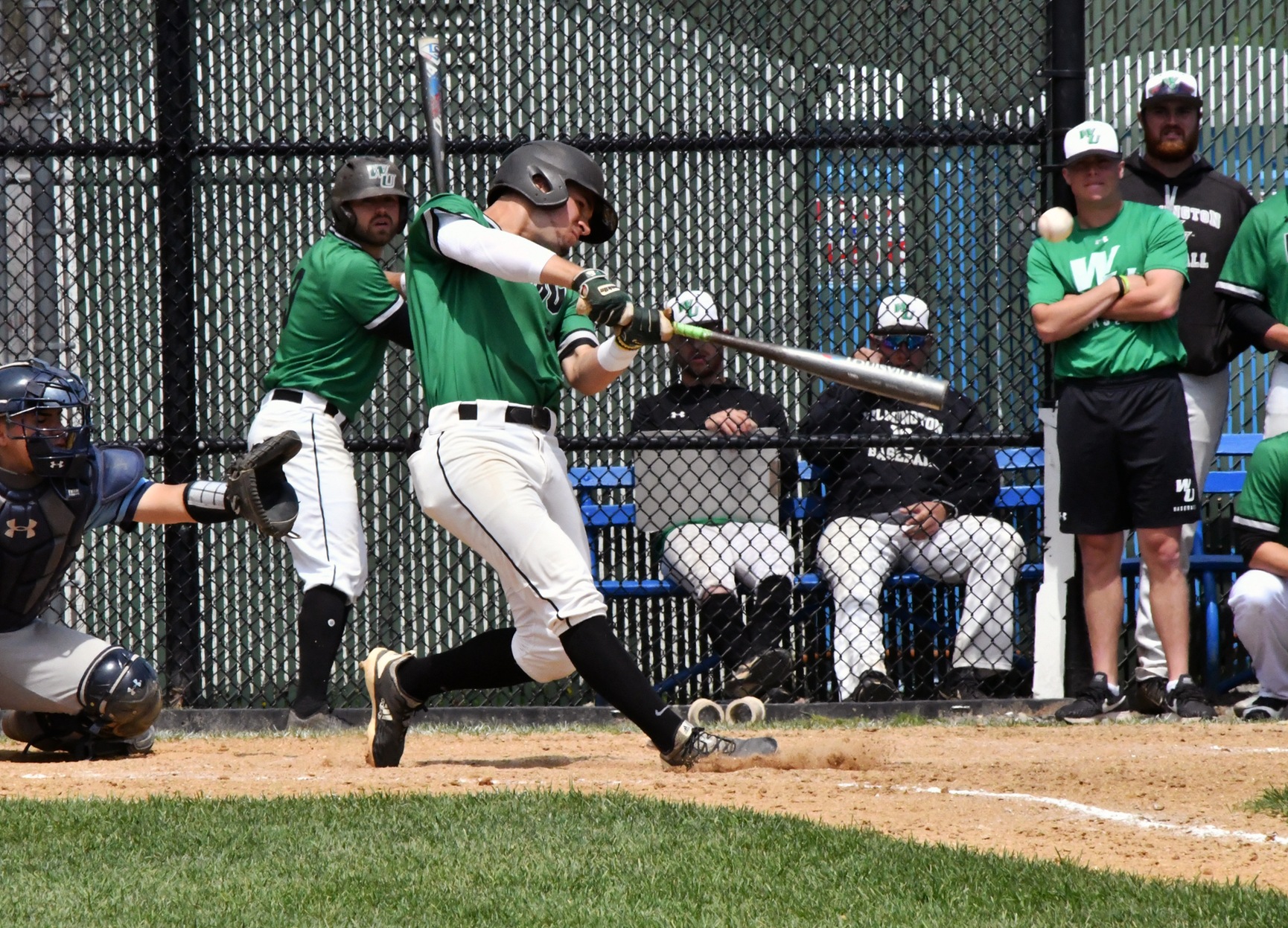 Photo of Max Carney's go-ahead RBI single that would stick as the game-winning score, 2-1, against Jefferson in the CACC Tournament. Photo by Ellen O'Brien, CACC.