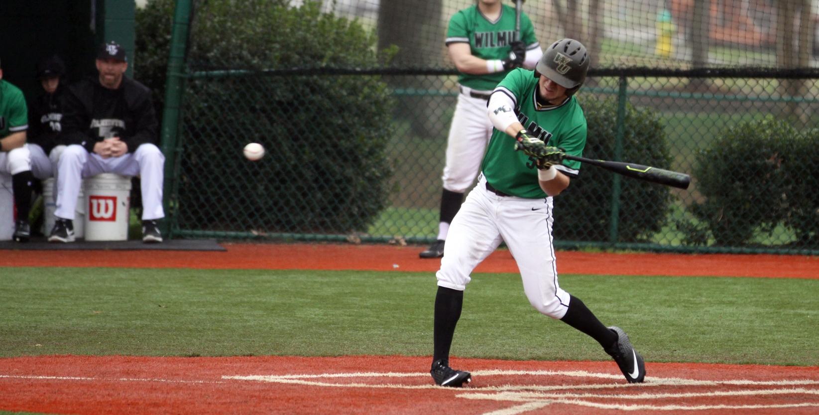Copyright 2019; Wilmington University. All rights reserved. File photo of Max Carney who batted 4-for-5 against Florida National. Photo by Dan Lauletta. February 22, 2019 vs. Molloy at Myrtle Beach, S.C.