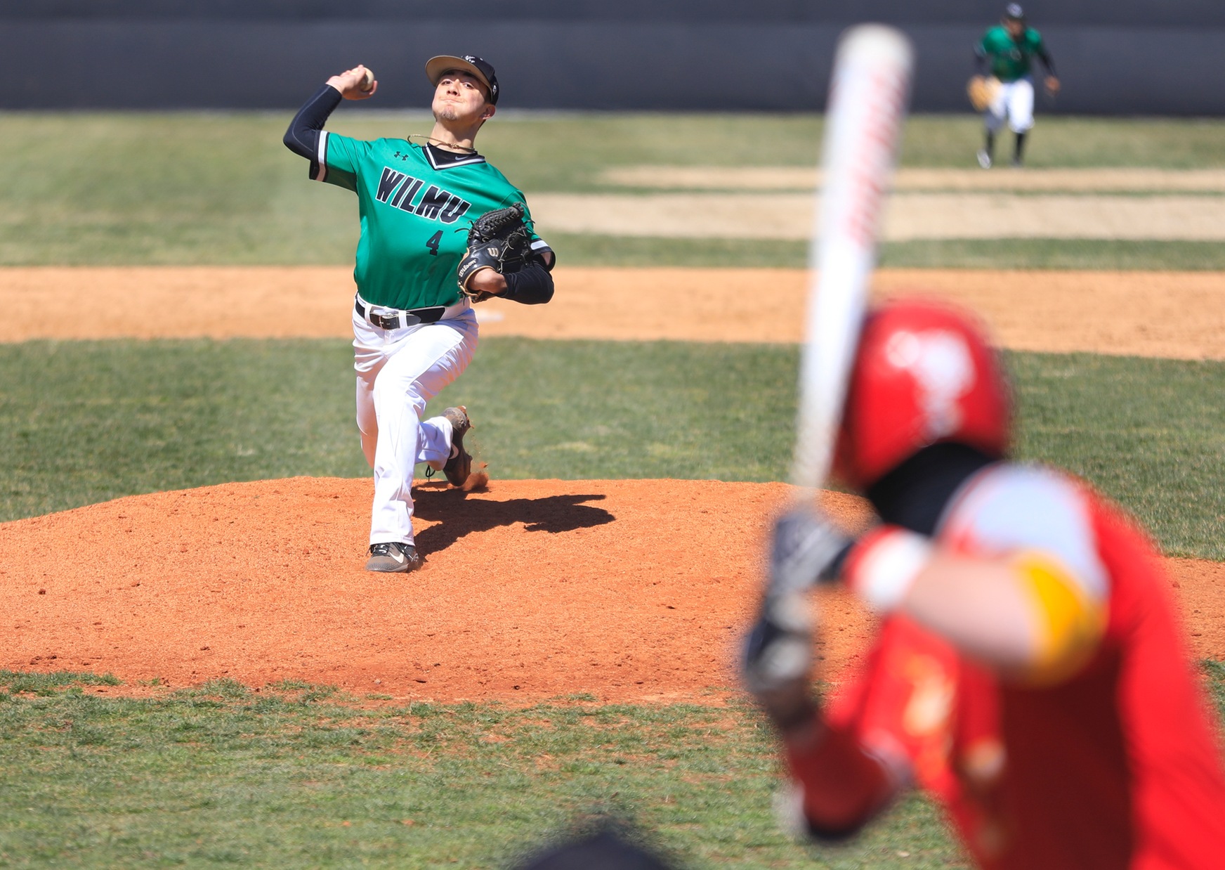 Copyright 2019; Wilmington University. All rights reserved. Photo of Kyle Maxwell, starter in game one against Chestnut Hill. Photo by Chris Vitale. March 26, 2019 vs. Chestnut Hill.