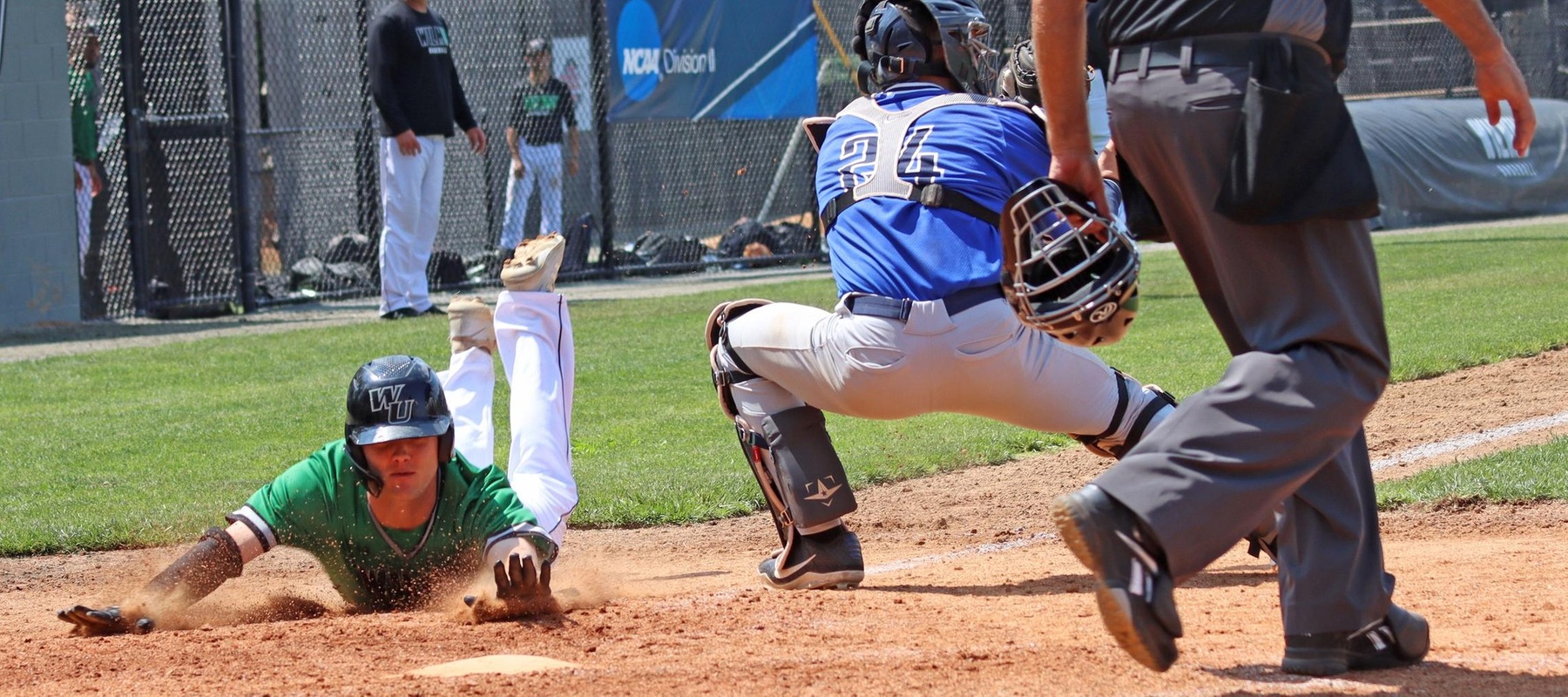 Photo of Shawn Edevane scoring a run against Southern Connecticut State on Thursday in the Regionals. Copyright 2022; Wilmington University. All rights reserved. Photo by Trudy Spence. May 19, 2022.