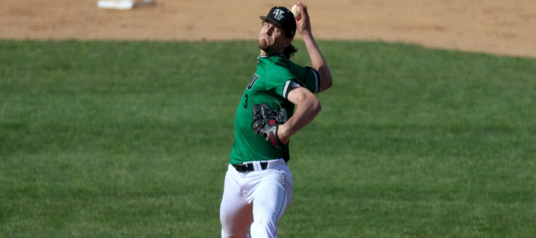 Photo of Ryan Sandberg pitching against Jefferson on Tuesday at Wilson Field. Copyright 2022; Wilmington University. All rights reserved. Photo by Dan Lauletta. March 22, 2022.