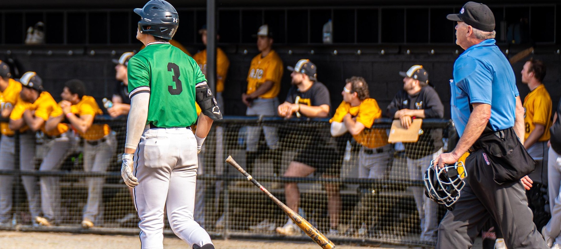 Photo of Cam Trego watching his homer sail over the right field fence against AIC. Copyright 2024; Wilmington University. All rights reserved. Photo by Giovanni Badalamenti. March 13, 2024 vs. American International.