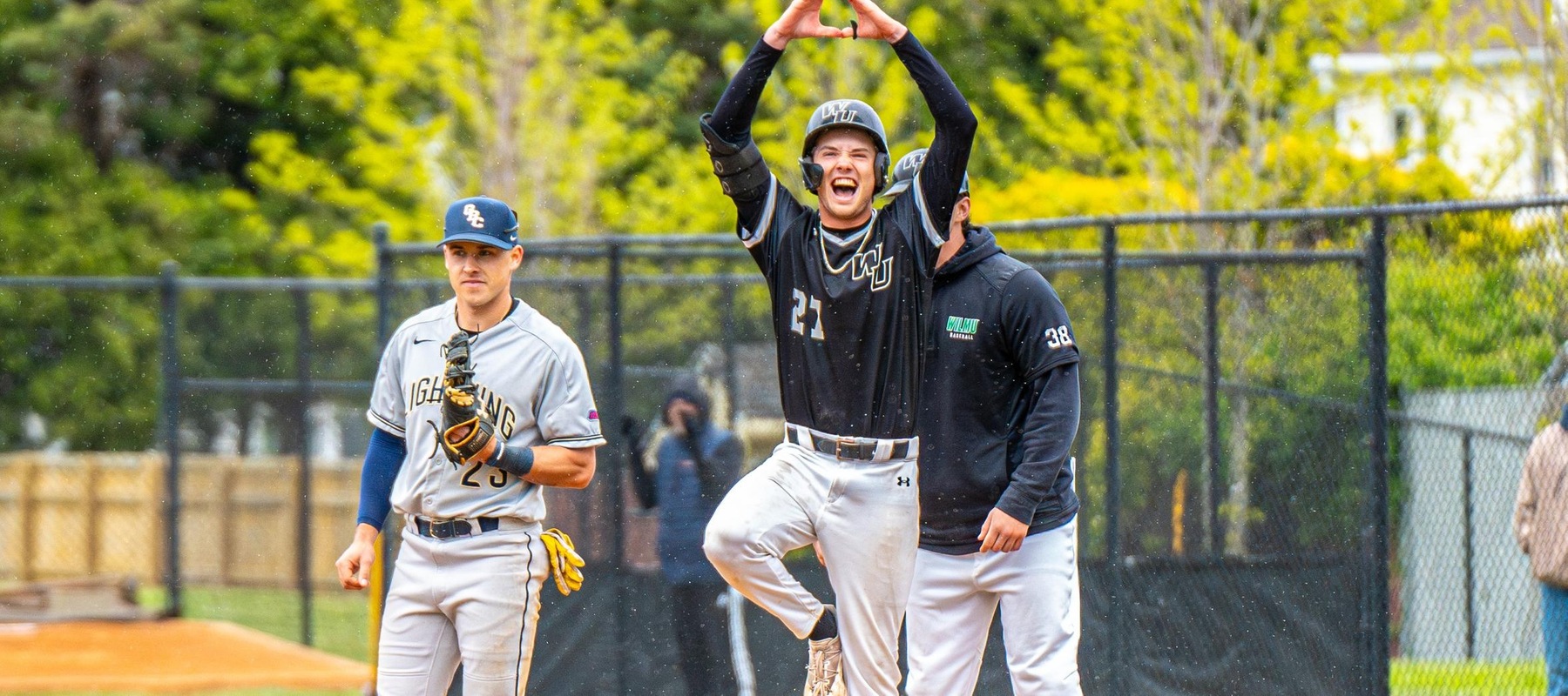 Photo of Shawn Edevane who had the game-winning RBI with a bunt single in the 6th against Goldey-Beacom. Copyright 2024; Wilmington University. All rights reserved. Photo by Giovanni Badalamenti. April 27, 2024 vs. Goldey-Beacom.