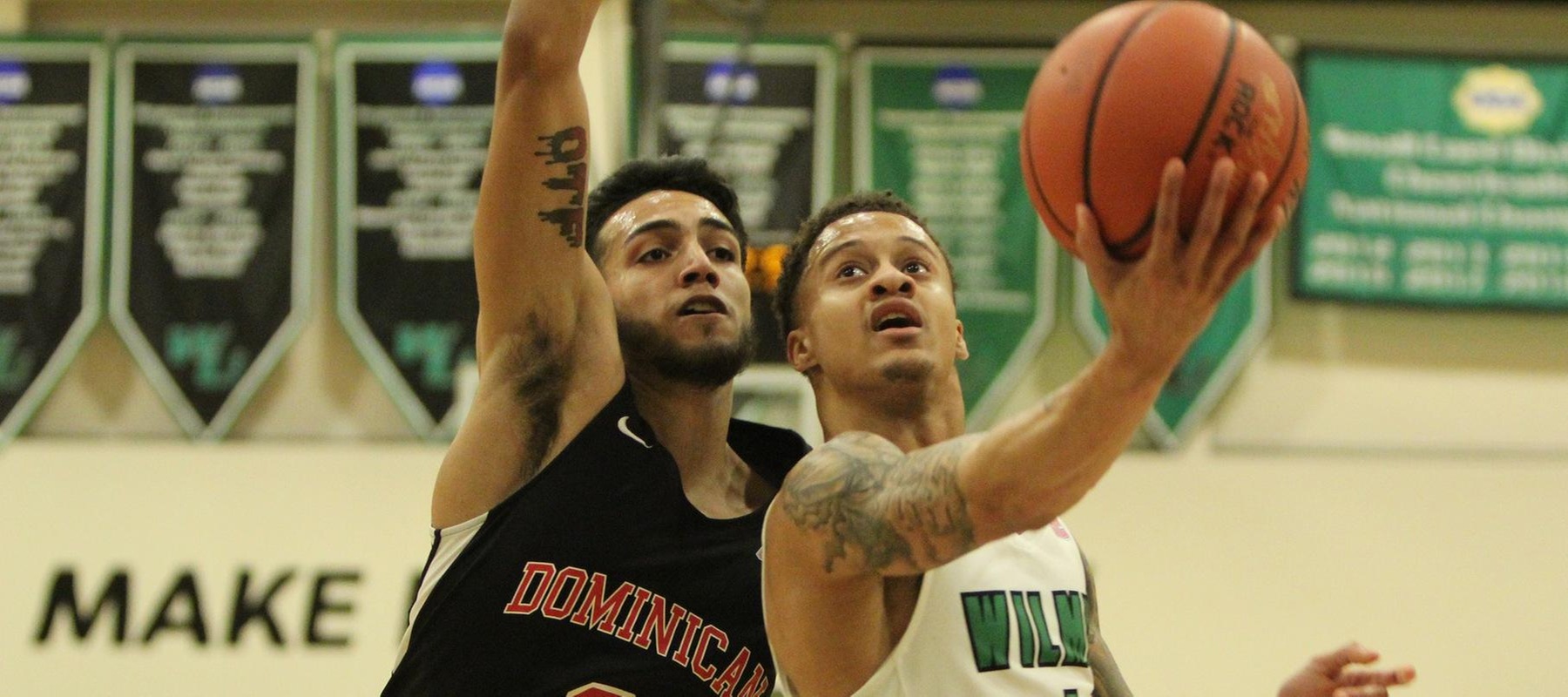 Copyright 2019; Wilmington University. All rights reserved. Photo of Jermaine Head driving to the basket for two of his 31 points against Dominican. Photo by Samantha Kelley. February 7, 2019 vs. Dominican.