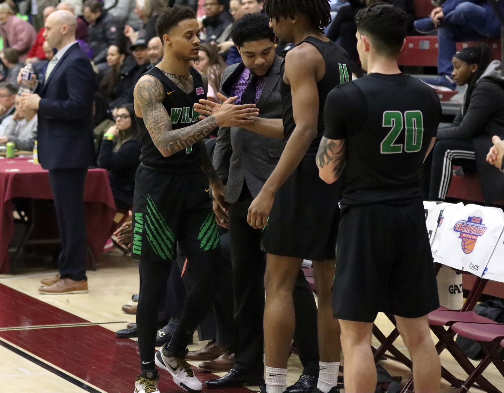 Photo of Jermaine Head at the end of the CACC Tournament Semifinals. Copyright 2020; Wilmington University. All rights reserved. Photo by Dan Lauletta. March 7, 2020 vs. Jefferson at CACC Tournament at USciences.