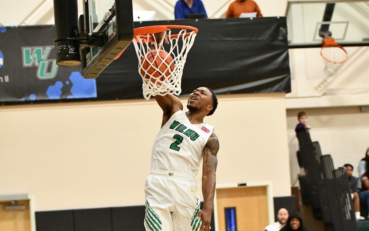 Photo of Kameron Cooper who finished with 12 points and came up with a big steal and dunk at the end of the game to seal the victory against Kutztown. Copyright 2019; Wilmington University. All rights reserved. Photo by Gavin Bethell. December 14, 2019 vs. Kutztown.