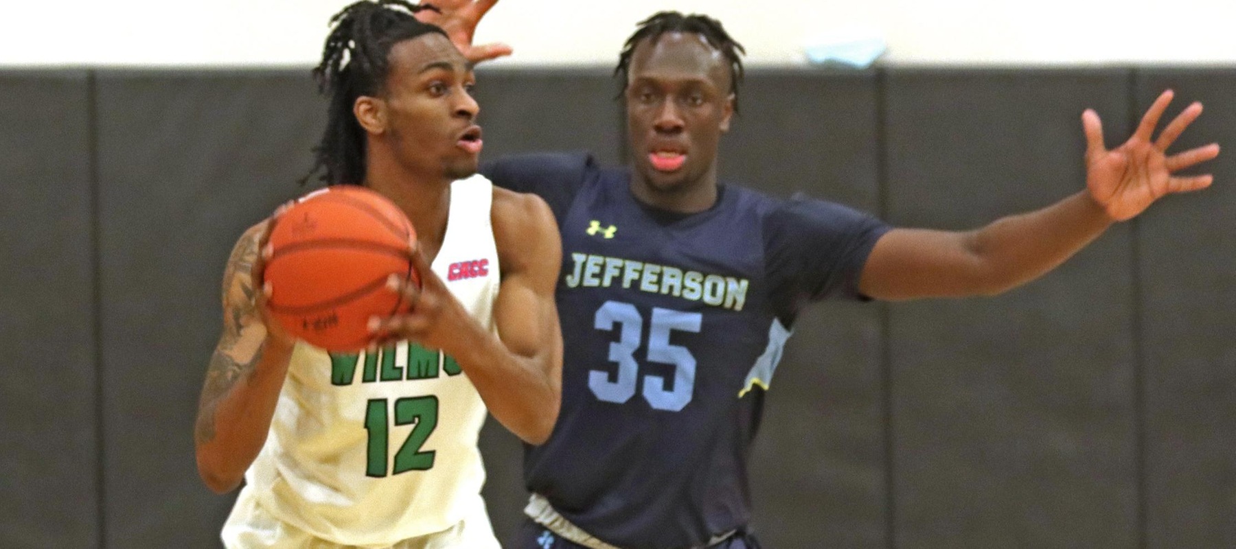 Photo of Justin Thomas who scored 23 points while adding five rebounds and five assists against Jefferson. Copyright 2022; Wilmington University. All rights reserved. Photo by Trudy Spence. January 26, 2022 vs. Jefferson.