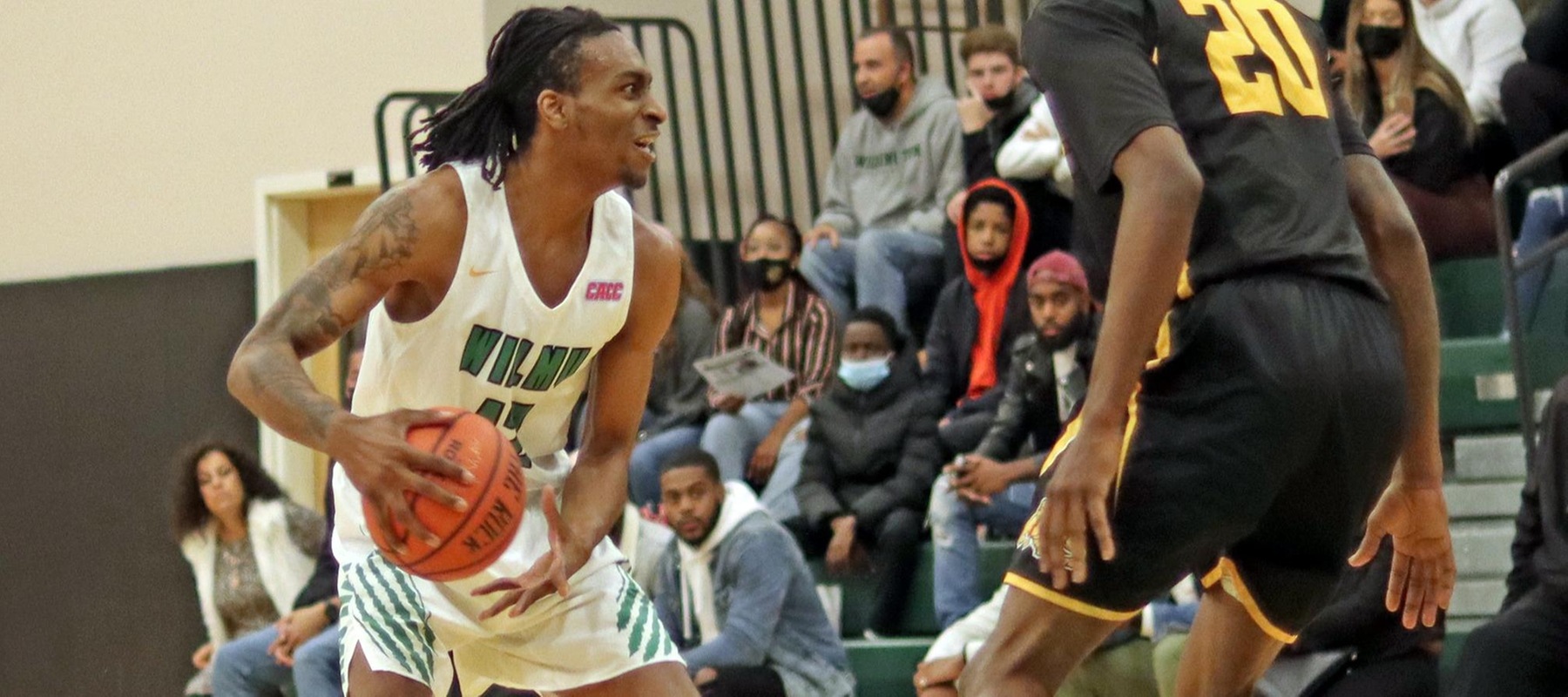Photo of Justin Thomas who led all scorers with 23 points on Saturday. Copyright 2021; Wilmington University. All rights reserved. Photo by Trudy Spence. November 20, 2021 vs. Bowie State.