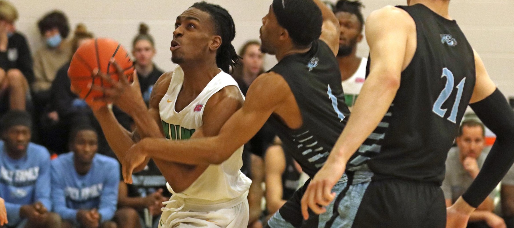 File photo of Justin Thomas who scored 23 points at USciences. Copyright 2021; Wilmington University. All rights reserved. Photo by Trudy Spence. December 4, 2021 vs. Holy Family.